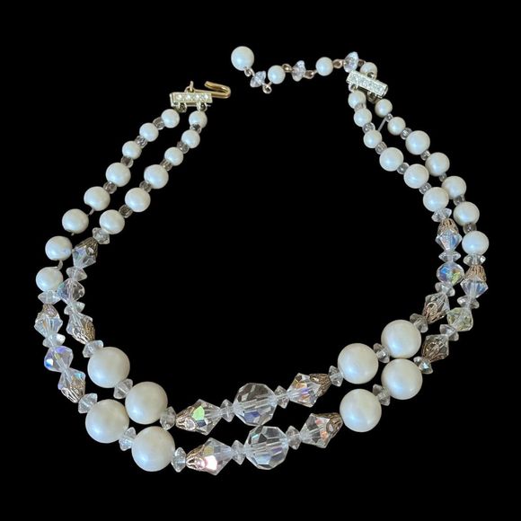 Vintage Double 2 Strand AB Bead & Faux Pearl Choker Necklace Rhinestone Accent - Picture 2 of 5